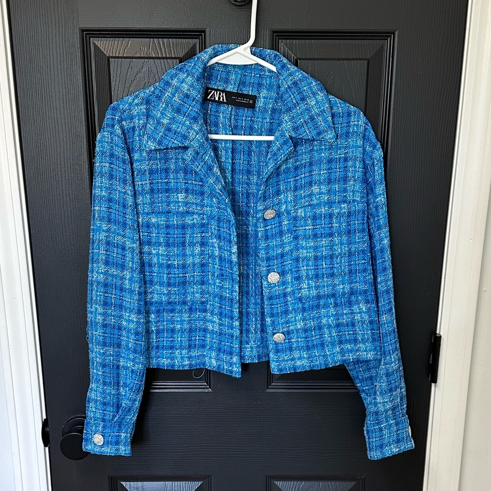 Zara - Cropped Blue Tweed Shacket - Small